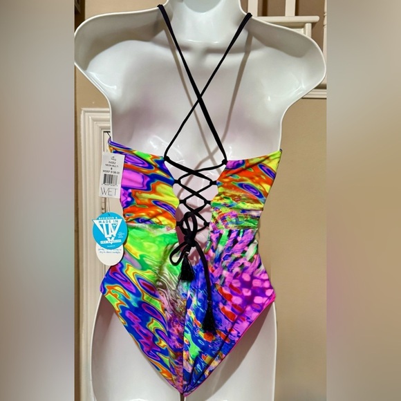 WET Designer Swimwear 1 Piece Neon Multi Sexy Cutout Back Swimsuit SZ Small NWT - Picture 4 of 9